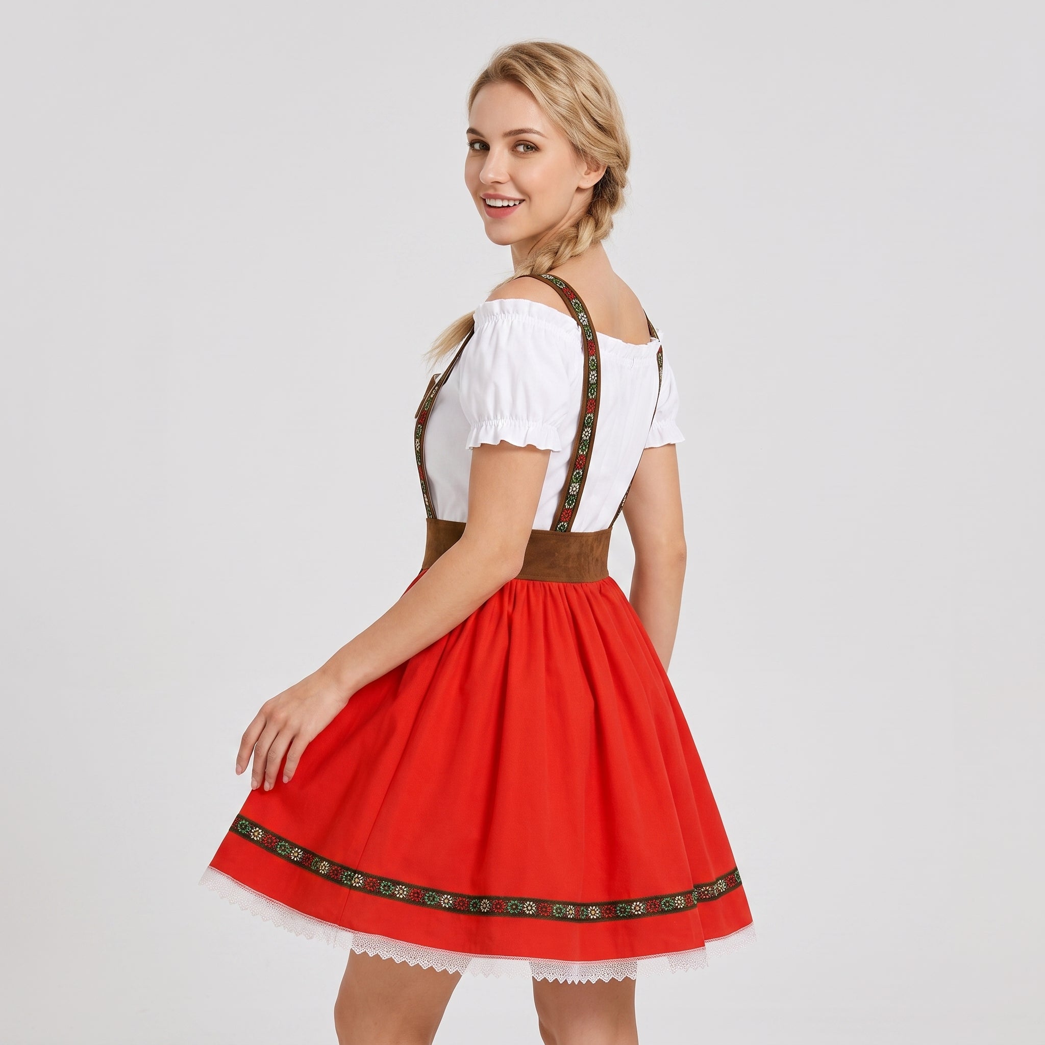 Gifts – Seasonal – Oktoberfest : Dames Dirndl Rood met Carmen-hals en pofmouwen in van Steiner-boutique