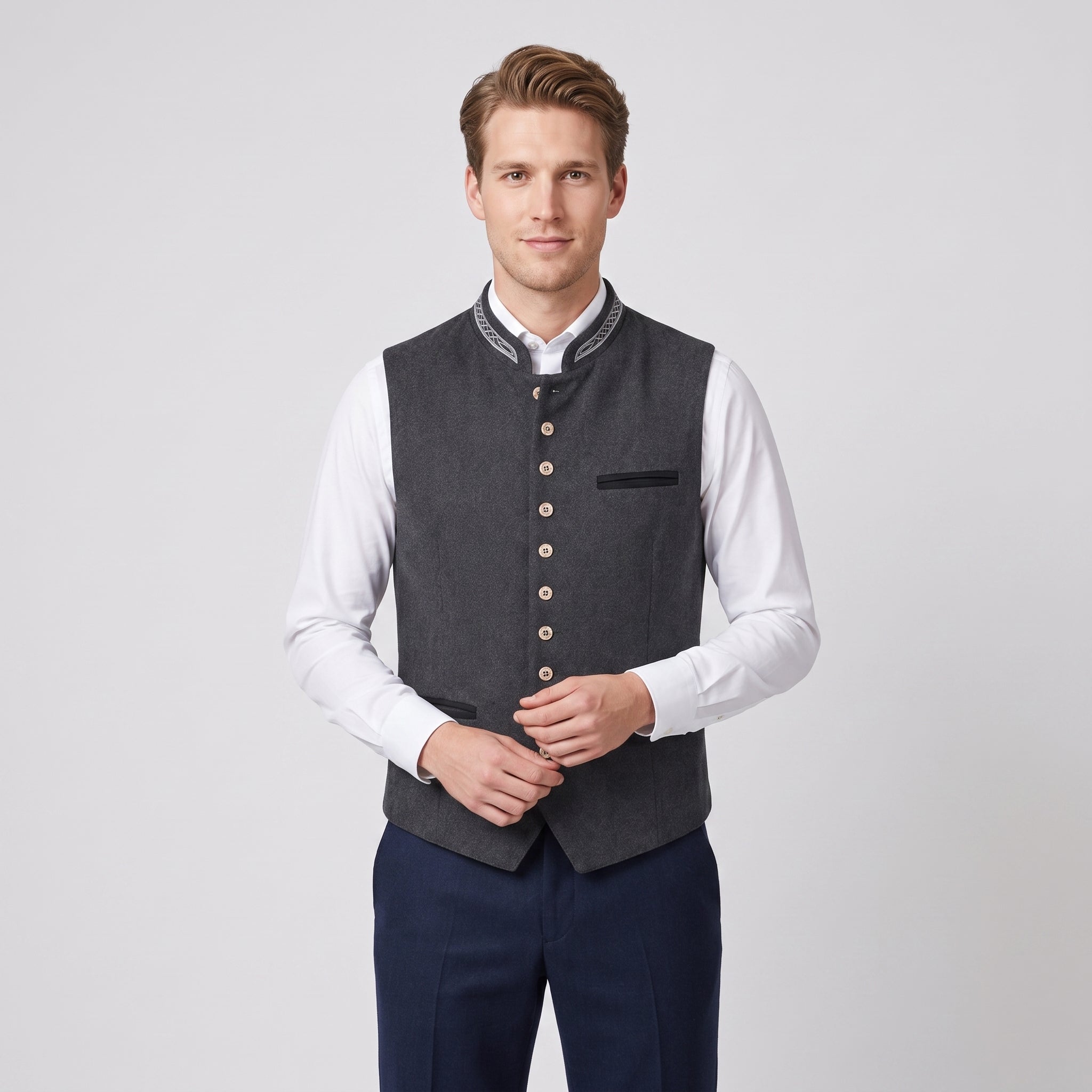 SS - Mens - Tanktop : Heren Gilet Grijs Slim Fit met Visgraat en Staande Kraag in van Loranza