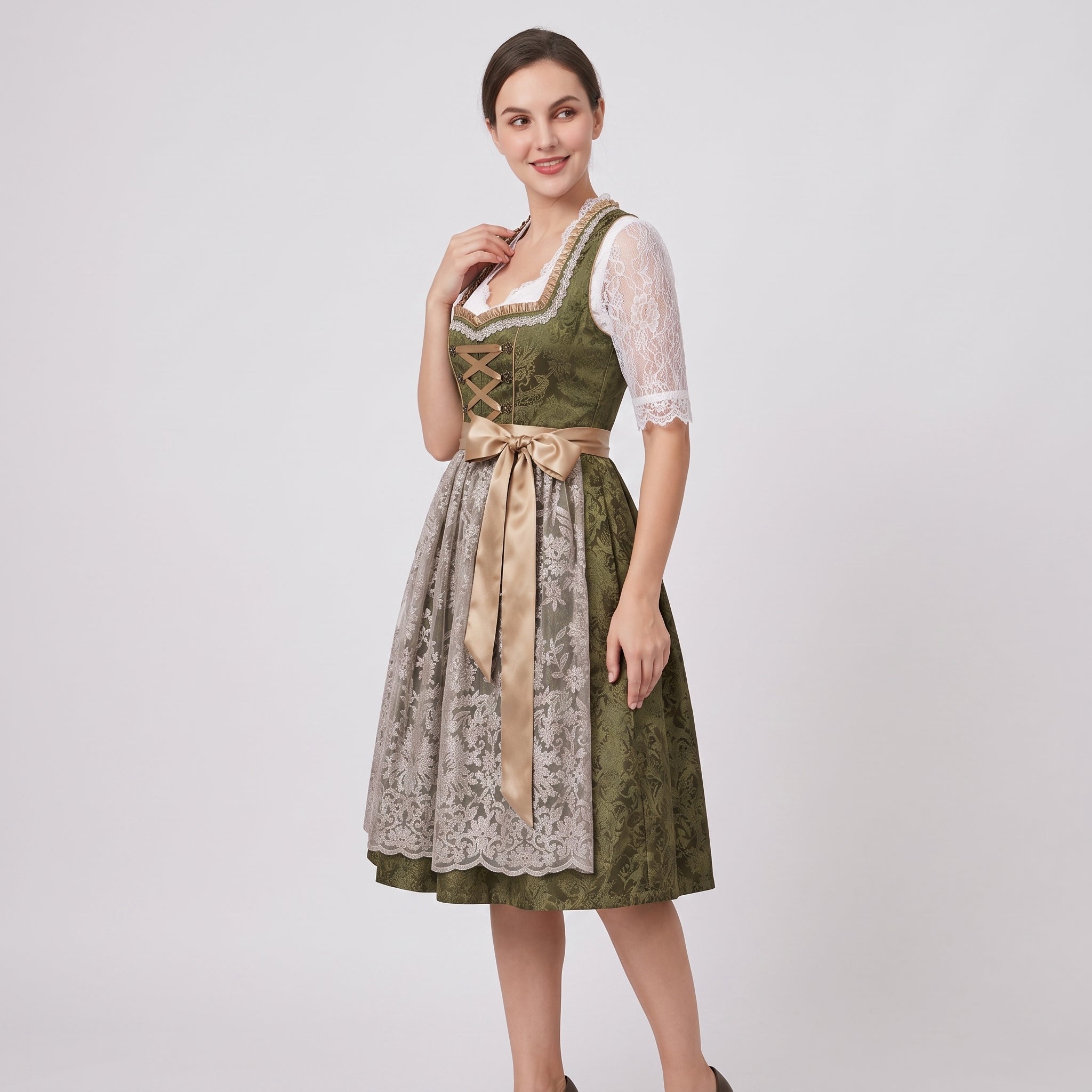 Gifts – Seasonal – Oktoberfest : Dames Dirndl Groen - Kanten Mieder, Bloemenstrik in van Steiner-boutique