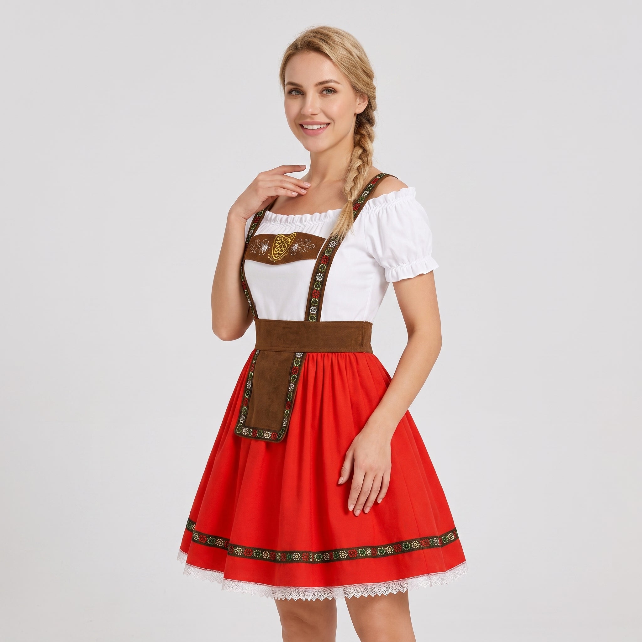 Gifts – Seasonal – Oktoberfest : Dames Dirndl Rood met Carmen-hals en pofmouwen in van Steiner-boutique