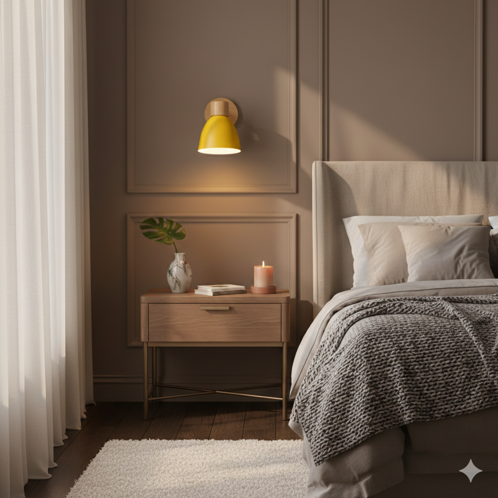Moderne Wandlamp met Schuine Arm, Hout, Conische Kap