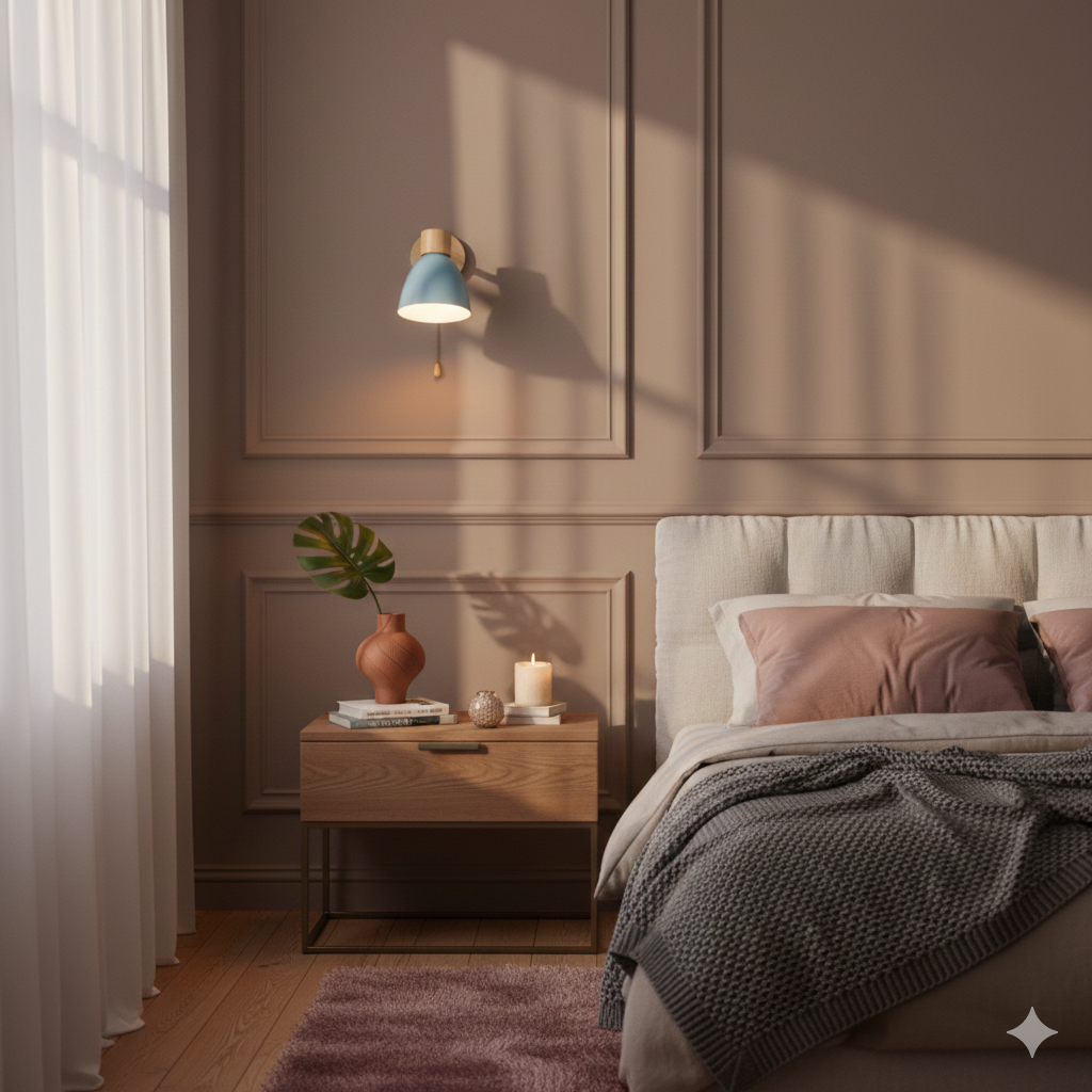 Moderne Wandlamp met Schuine Arm, Hout, Conische Kap