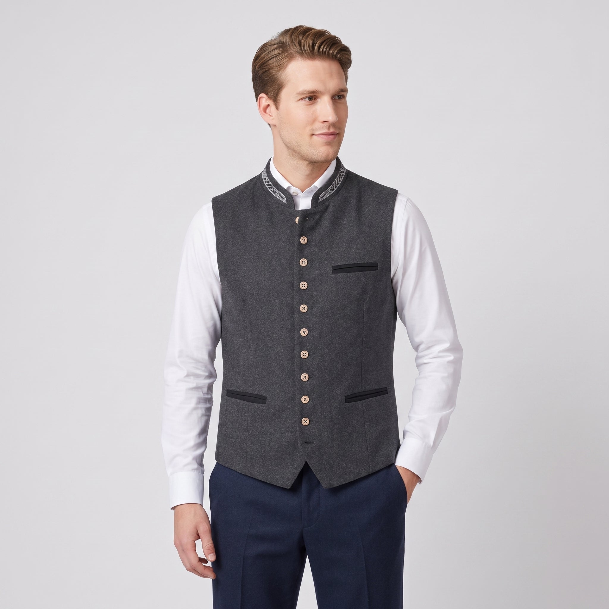 SS - Mens - Tanktop : Heren Gilet Grijs Slim Fit met Visgraat en Staande Kraag in van Loranza