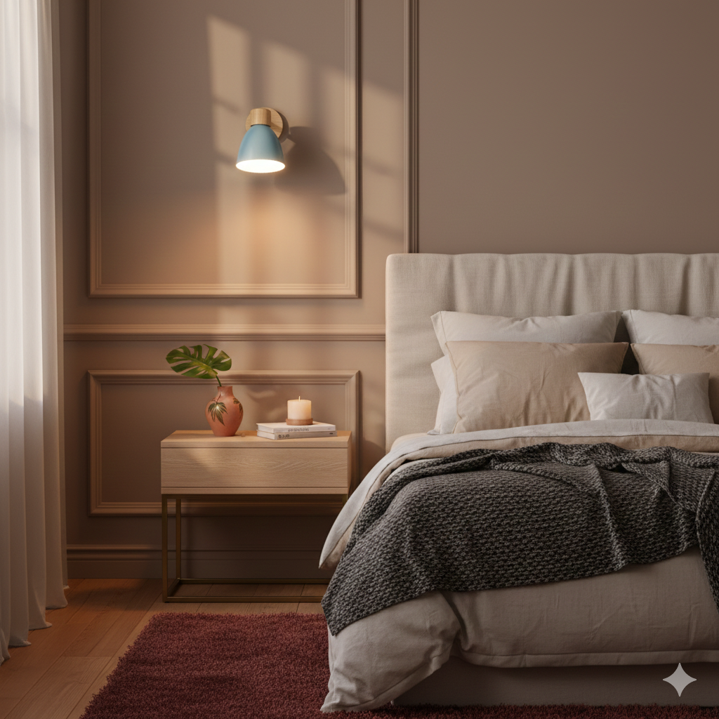 Moderne Wandlamp met Schuine Arm, Hout, Conische Kap