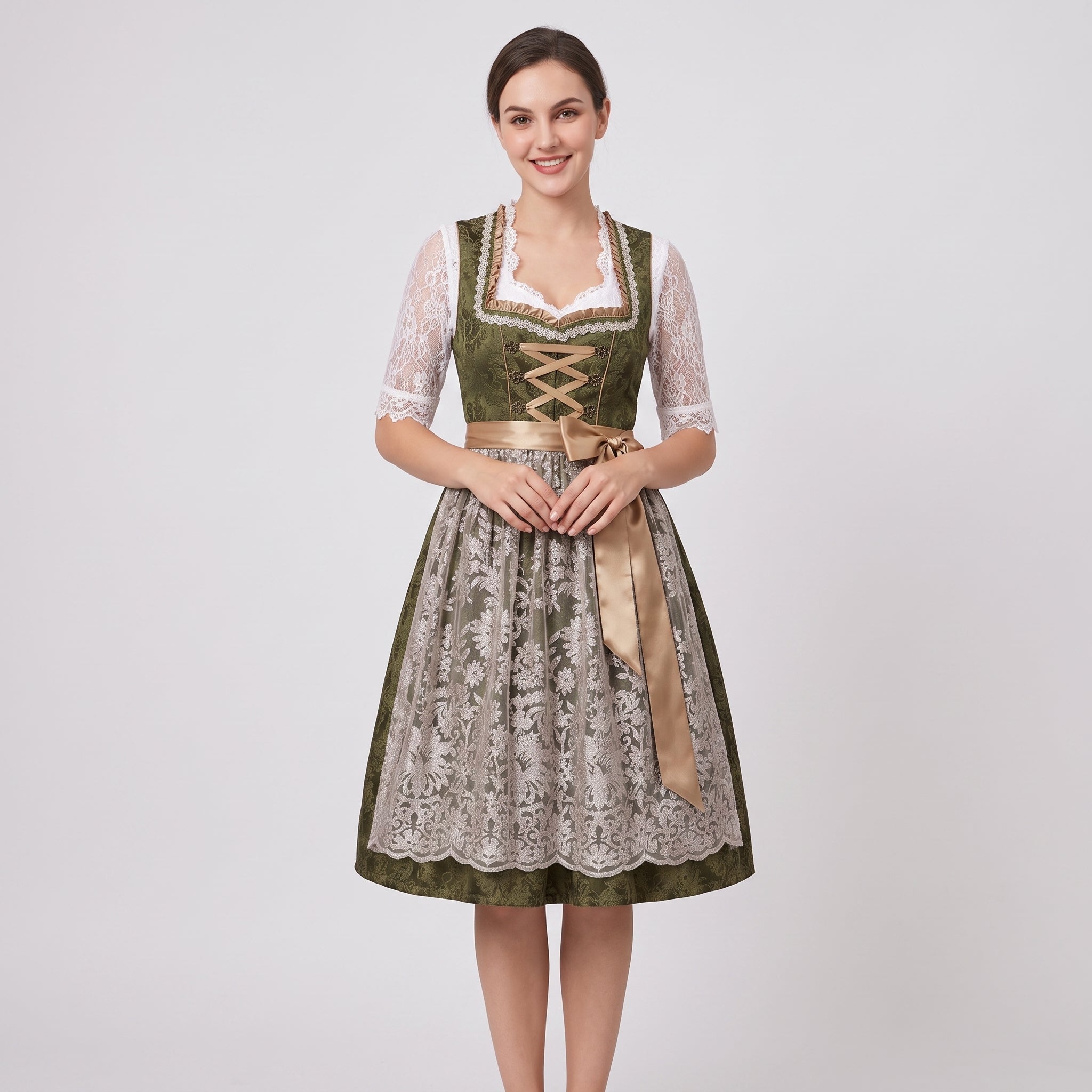 Gifts – Seasonal – Oktoberfest : Dames Dirndl Groen - Kanten Mieder, Bloemenstrik in van Steiner-boutique