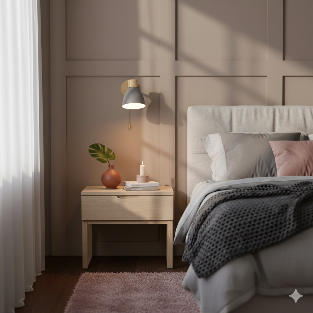 Moderne Wandlamp met Schuine Arm, Hout, Conische Kap