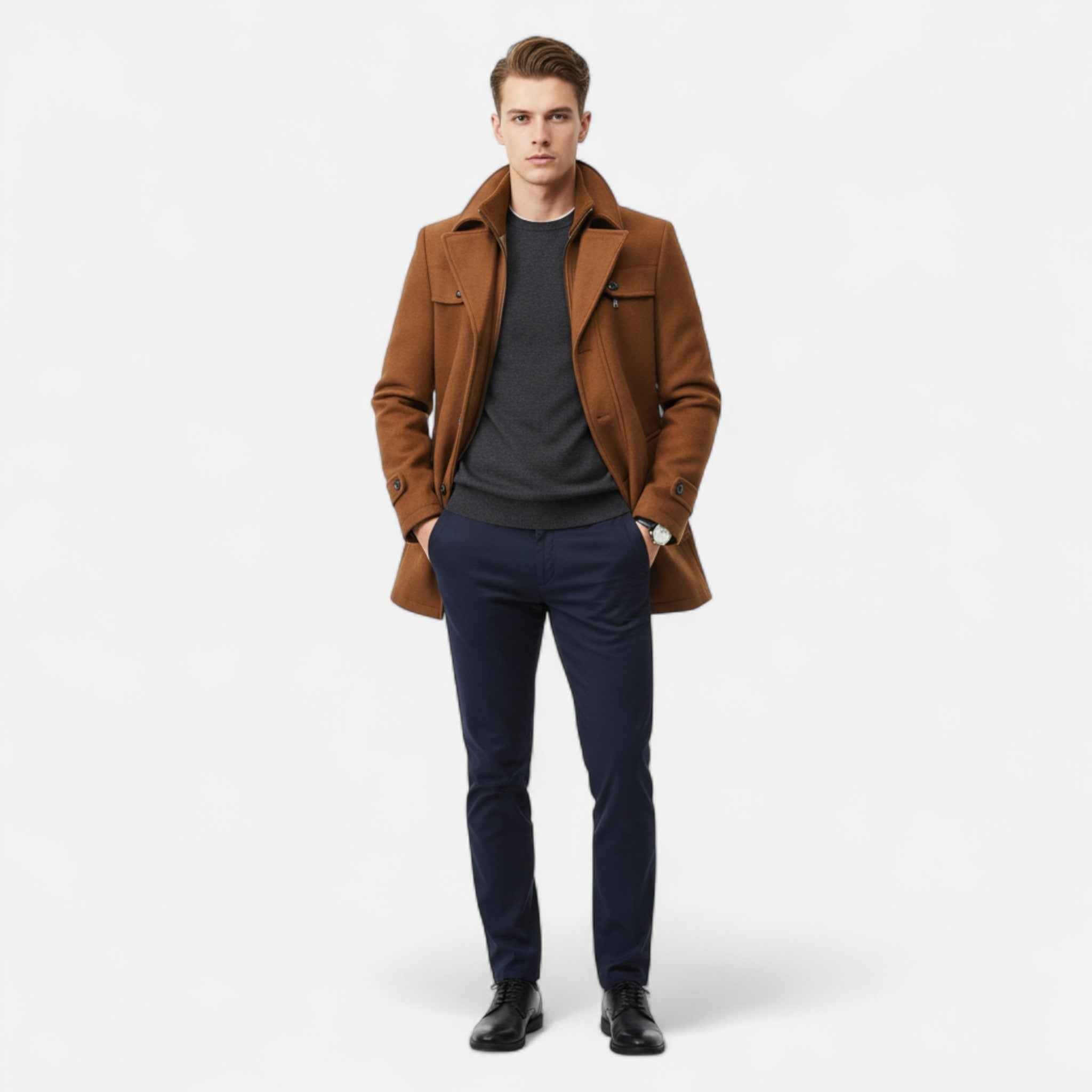 Men > Coats : Wollen Heren Trenchcoat met Dubbele Kraag en Ritssluiting in van Ancienne Monde