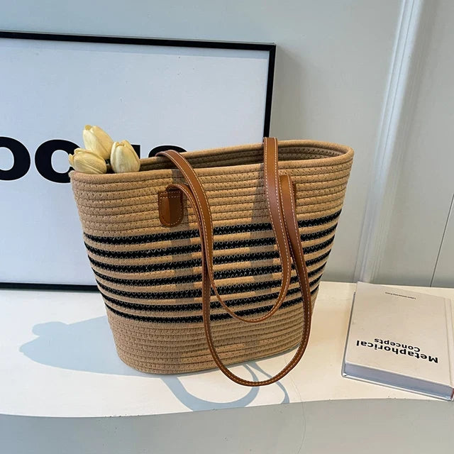 bags : Boho Strandtas Dames Beige - Gestreepte Stro Grote Capaciteit - Stro in Khaki van Pantino