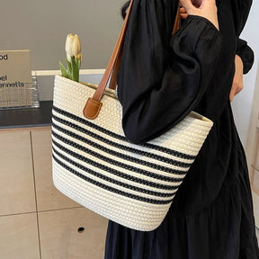 bags : Boho Strandtas Dames Beige - Gestreepte Stro Grote Capaciteit - Stro in van Pantino