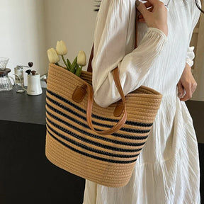 bags : Boho Strandtas Dames Beige - Gestreepte Stro Grote Capaciteit - Stro in van Pantino