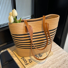 bags : Boho Strandtas Dames Beige - Gestreepte Stro Grote Capaciteit - Stro in van Pantino
