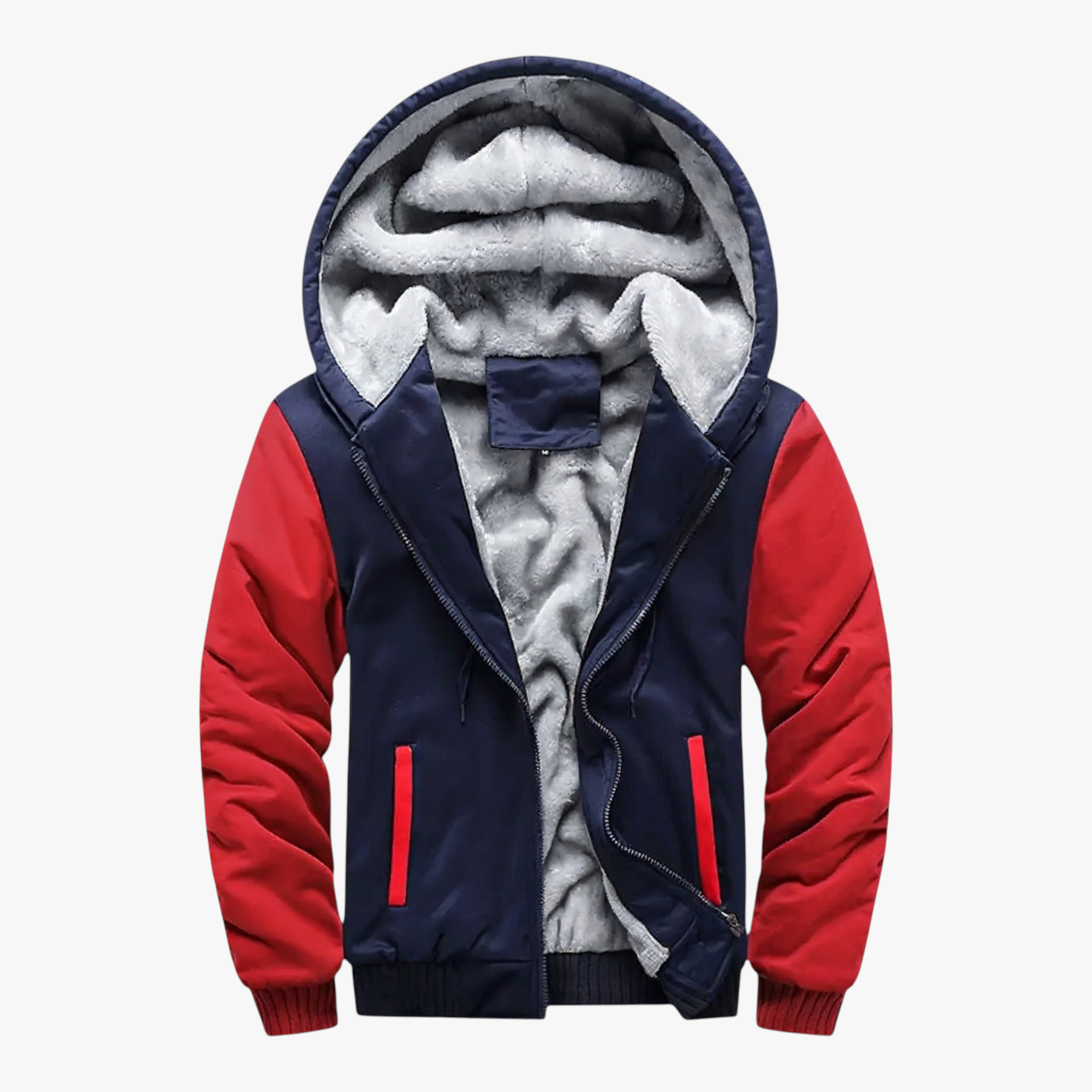 Heren Fleece Jassen : Heren Fleecejack met Capuchon voor Koud Weer - Marineblauw in Marineblauw Rood van Pantino