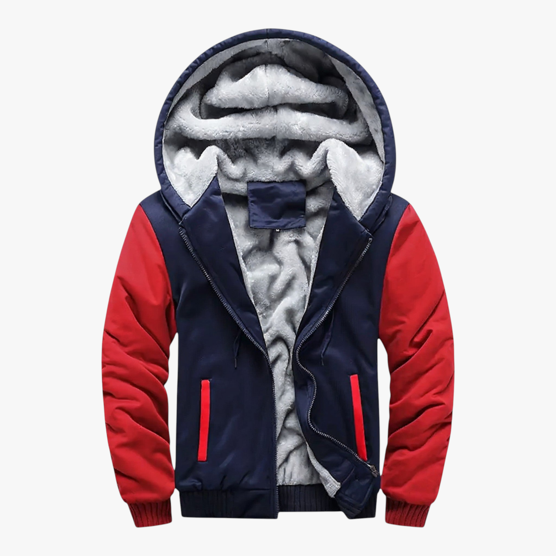 Heren Fleece Jassen : Heren Fleecejack met Capuchon voor Koud Weer - Marineblauw in Marineblauw Rood van Pantino