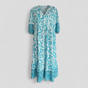 Women Set : Zomerjurk Dames Blauw - Elegante met Bloemenprint in Lichtblauw van Pantino