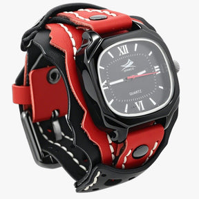Watches : Horloge Heren Rood Zwart - Groot Vierkant Herenhorloge met Lederen Band in Rood Zwart van Pantino