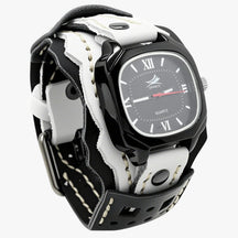 Watches : Horloge Heren Rood Zwart - Groot Vierkant Herenhorloge met Lederen Band in Wit Zwart van Pantino