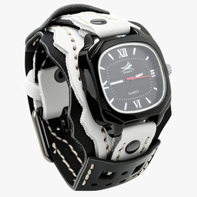 Watches : Horloge Heren Rood Zwart - Groot Vierkant Herenhorloge met Lederen Band in Wit Zwart van Pantino