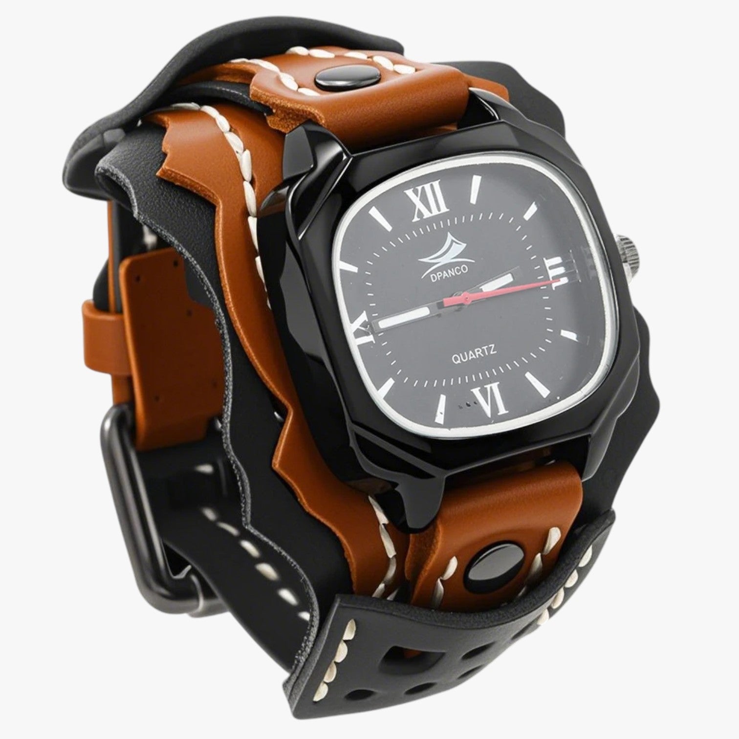 Watches : Horloge Heren Rood Zwart - Groot Vierkant Herenhorloge met Lederen Band in Bruin Zwart van Pantino