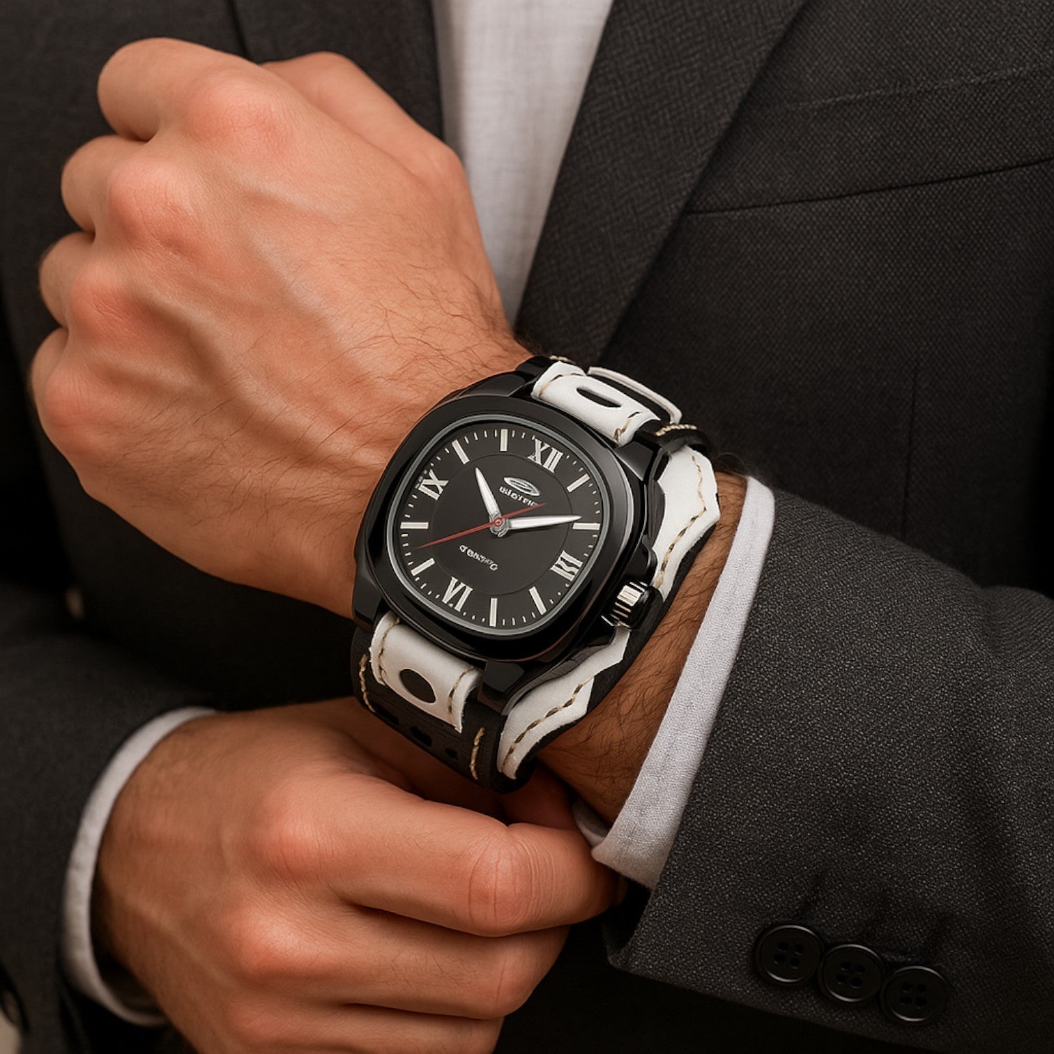Watches : Horloge Heren Rood Zwart - Groot Vierkant Herenhorloge met Lederen Band in van Pantino