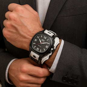 Watches : Horloge Heren Rood Zwart - Groot Vierkant Herenhorloge met Lederen Band in van Pantino