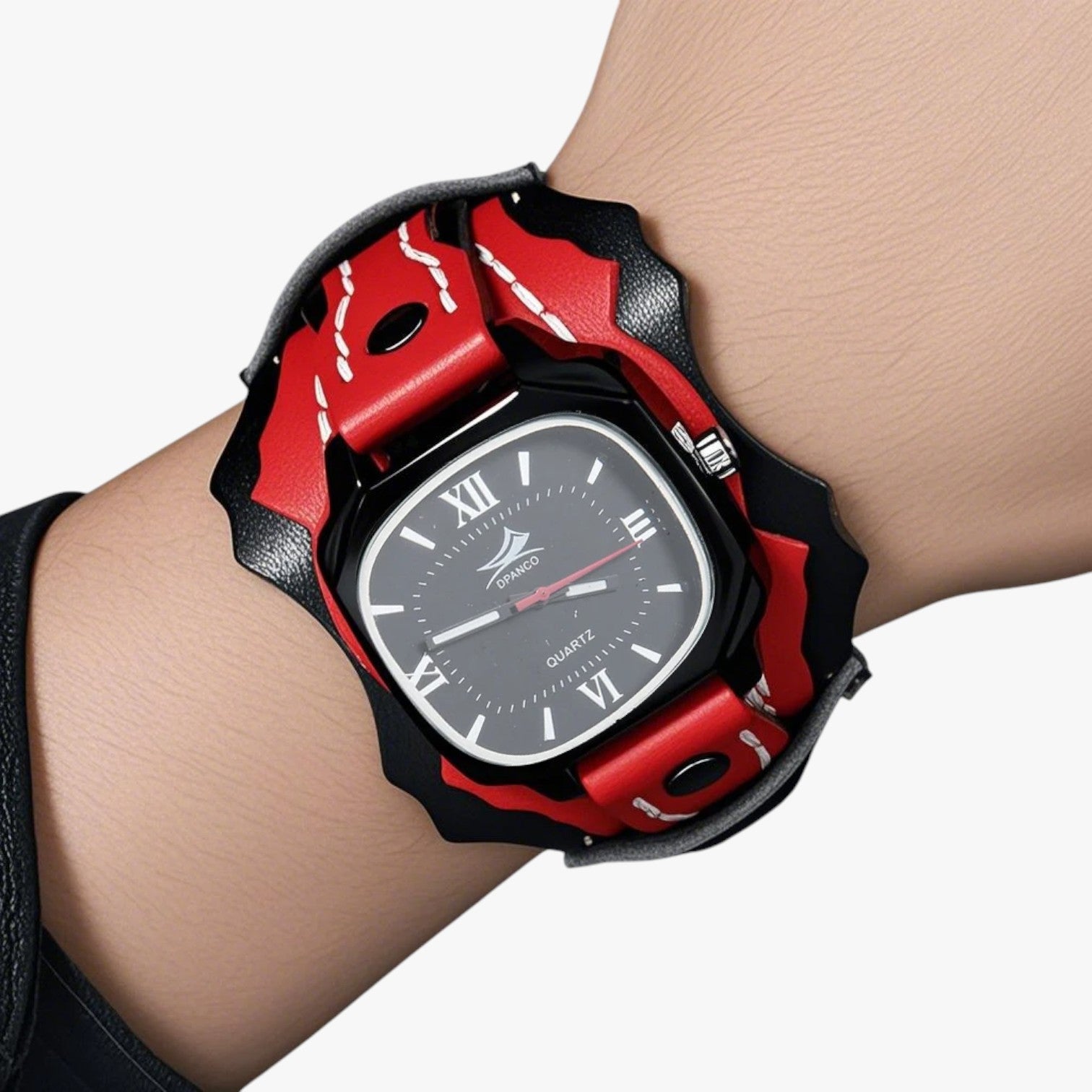 Watches : Horloge Heren Rood Zwart - Groot Vierkant Herenhorloge met Lederen Band in van Pantino