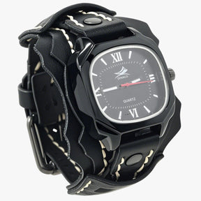 Watches : Horloge Heren Rood Zwart - Groot Vierkant Herenhorloge met Lederen Band in Zwart van Pantino