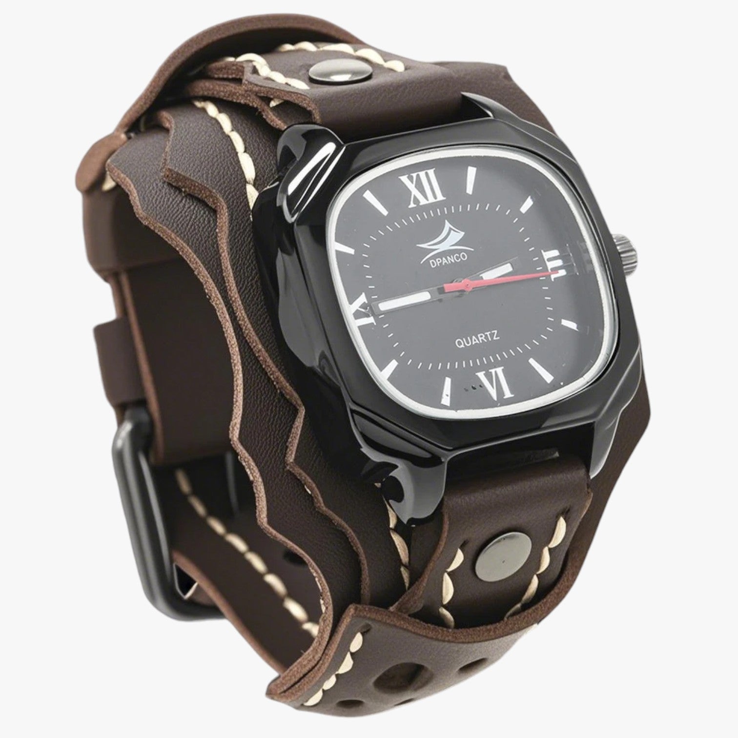 Watches : Horloge Heren Rood Zwart - Groot Vierkant Herenhorloge met Lederen Band in Donkerbruin van Pantino