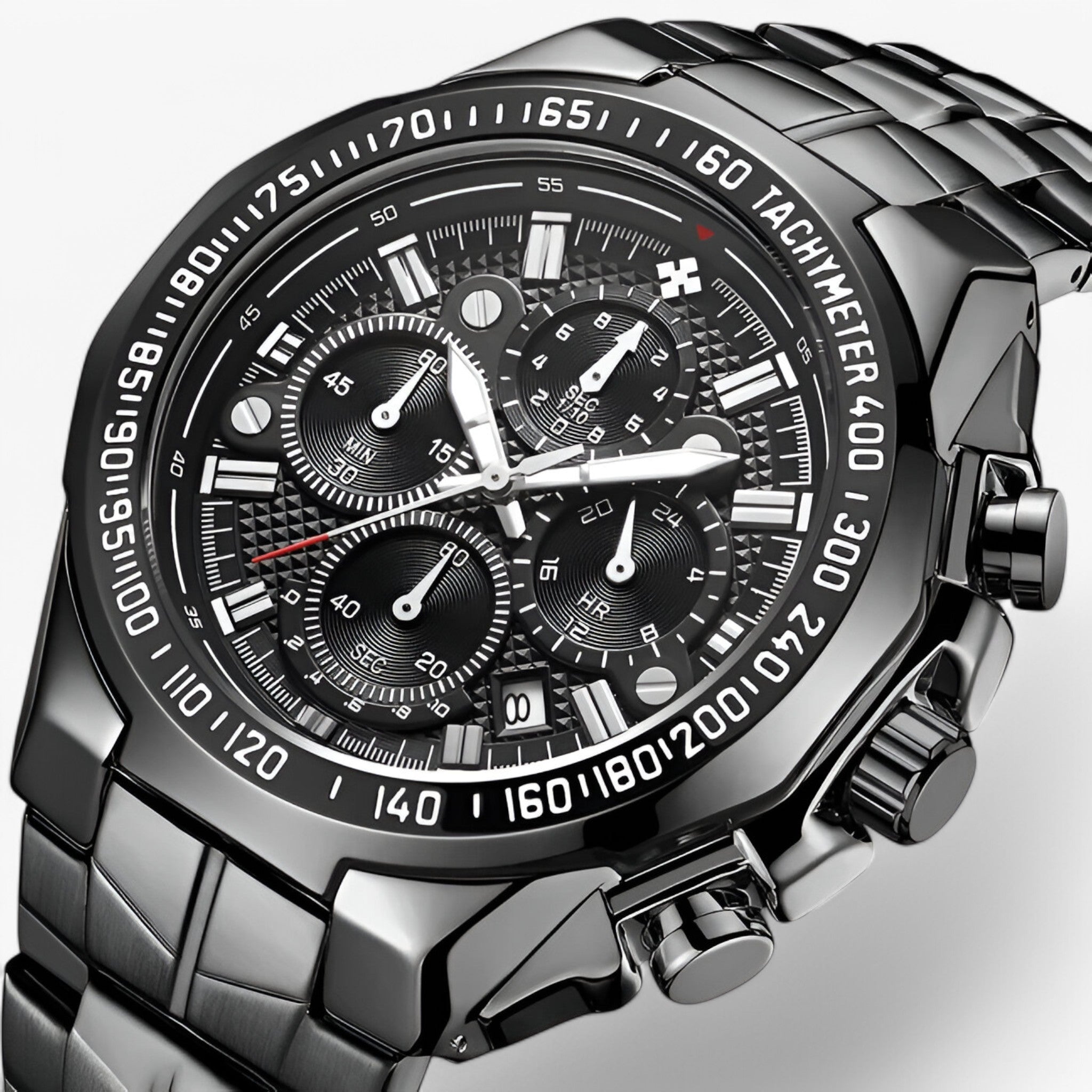 Watches : Luxe sporthorloge voor heren van zwart staal, elegante waterdichte chronograaf in helemaal zwart van Pantino