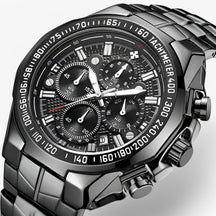 Watches : Luxe sporthorloge voor heren van zwart staal, elegante waterdichte chronograaf in helemaal zwart van Pantino