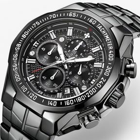 Watches : Luxe sporthorloge voor heren van zwart staal, elegante waterdichte chronograaf in helemaal zwart van Pantino