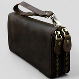 Portefeuille homme marron foncé - Cuir véritable avec double fermeture éclair