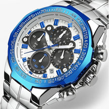 watches : Horloge Heren Zwart - Luxe Stalen Sporthorloge in blauw wit van Pantino