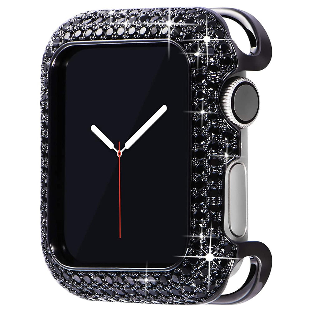 Smartwatch Case : Apple Watch Bandje Diamond Hoes - Roségoud - Roestvrij Staal - Vrouwen in Zwarte zwarte diamant van Pantino