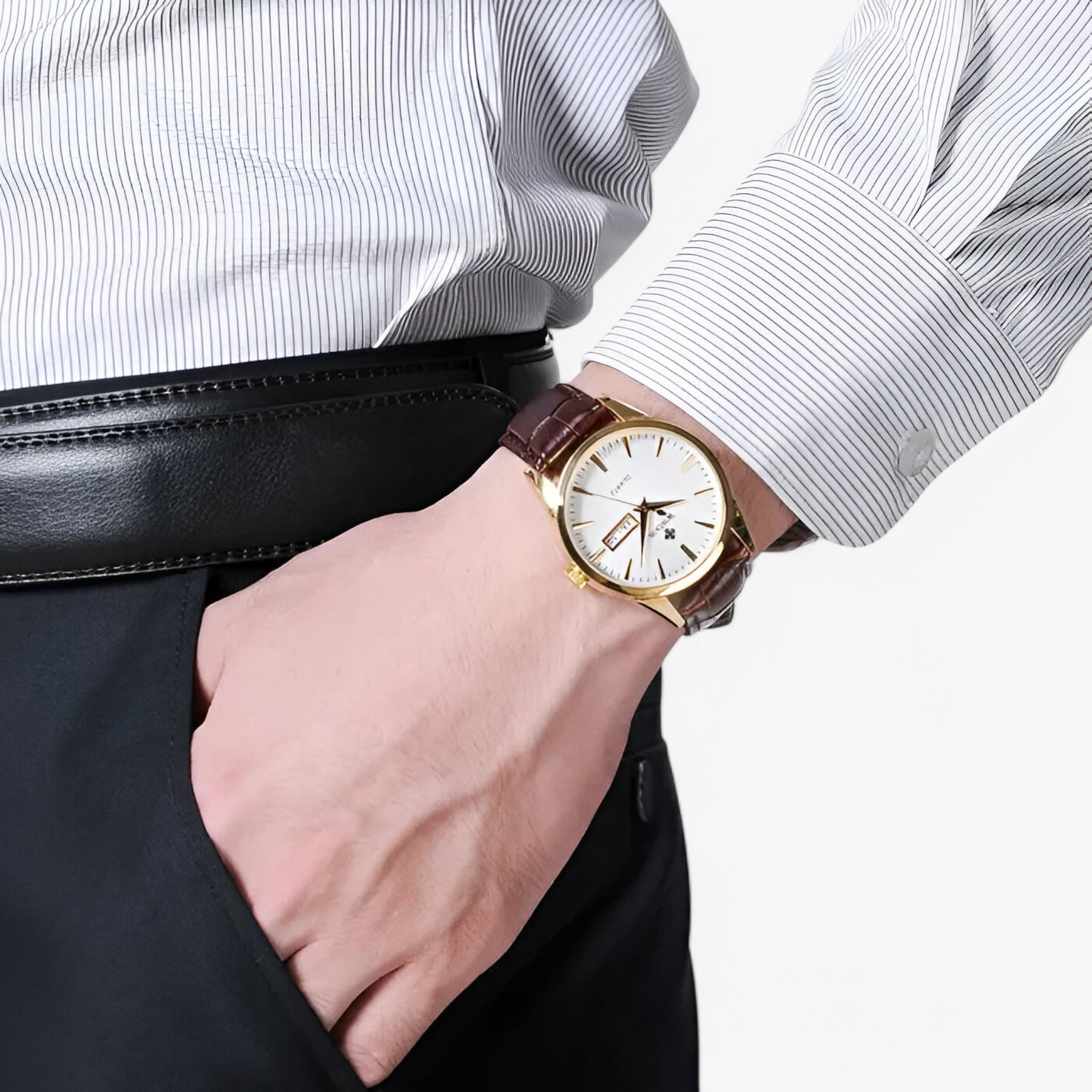 Watches : Herenhorloge Klassiek Elegant met Bruin Echt Leren Bandje, Slanke Kast in van Pantinoshop