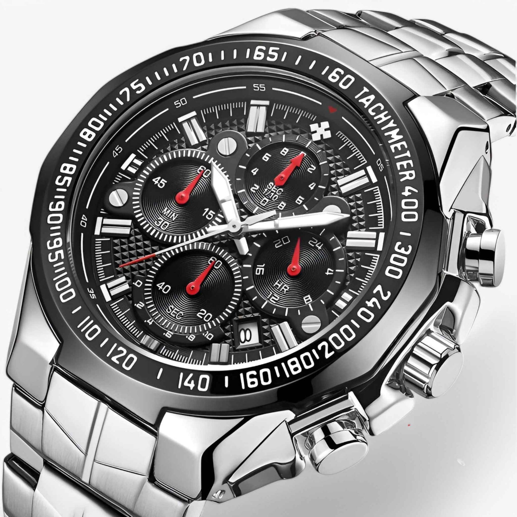 Watches : Luxe sporthorloge voor heren van zwart staal, elegante waterdichte chronograaf in zwart zilver van Pantino