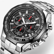 Watches : Luxe sporthorloge voor heren van zwart staal, elegante waterdichte chronograaf in zwart zilver van Pantino