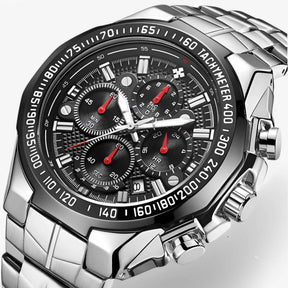 Watches : Luxe sporthorloge voor heren van zwart staal, elegante waterdichte chronograaf in zwart zilver van Pantino