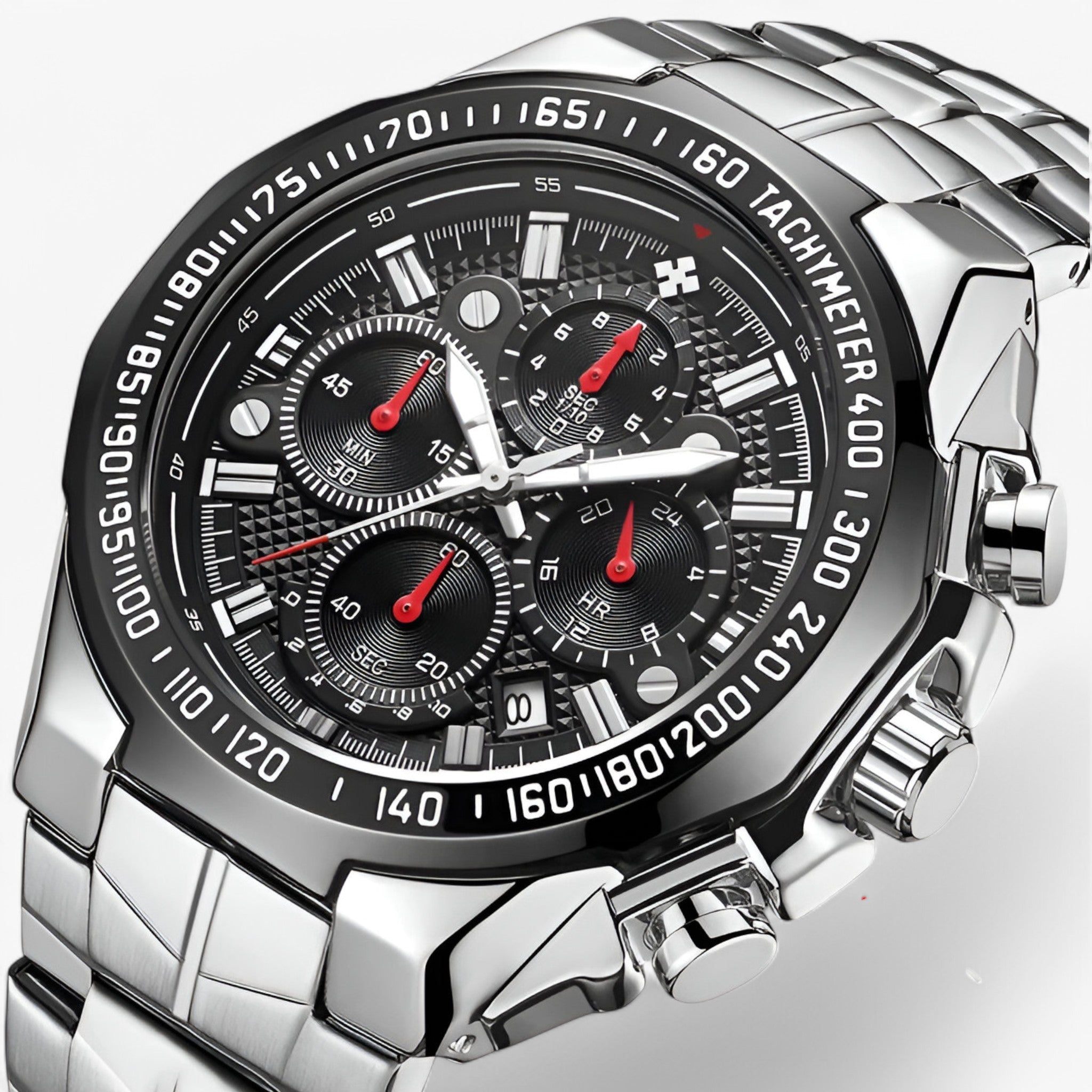 watches : Heren Horloge Zwart - Luxe Stalen Sporthorloge met Datumweergave in zwart zilver van Pantino