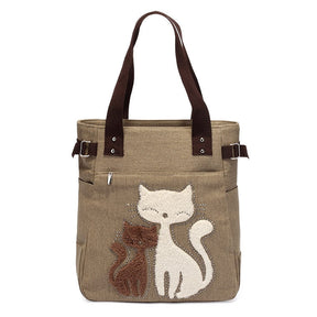 bags : Kat Geborduurde Canvas Tas - Paars in Khaki van Pantino
