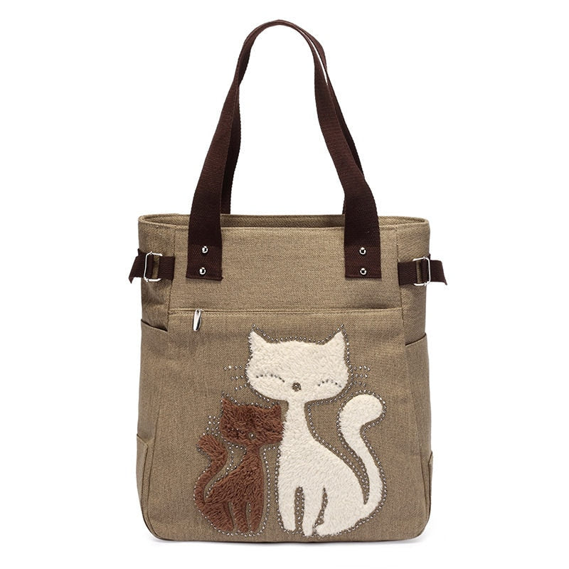 bags : Kat Geborduurde Canvas Tas - Paars in Khaki van Pantino