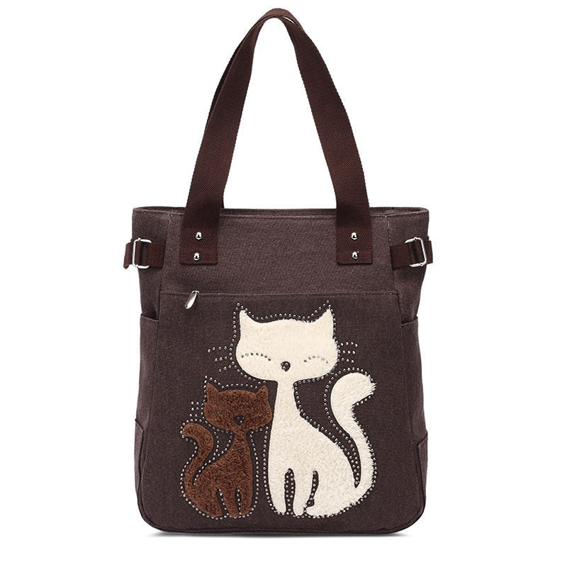bags : Kat Geborduurde Canvas Tas - Paars in Koffie van Pantino