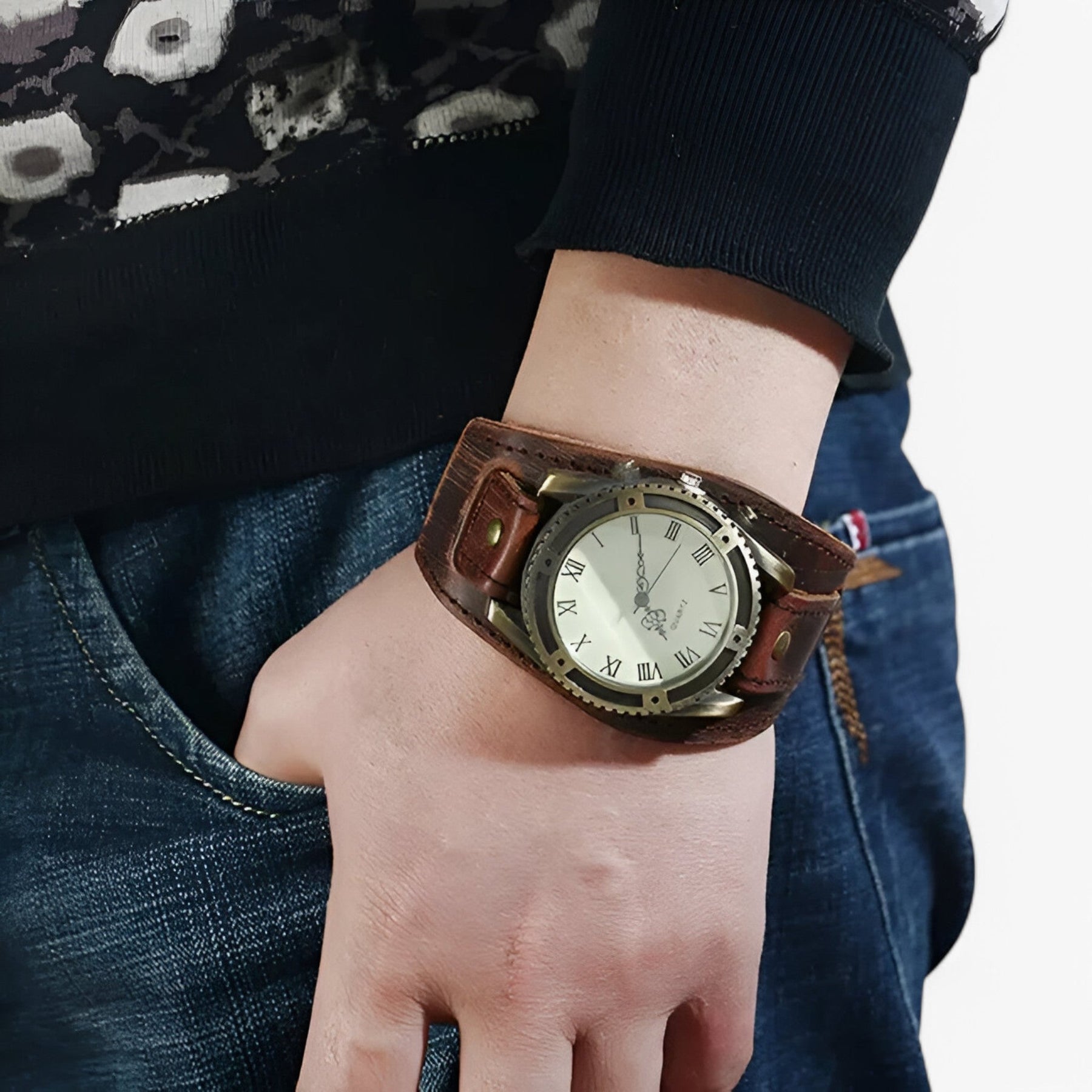 watches : Heren Horloge Zwart Vintage - Klassiek met Bruine Lederen Band & Romeinse Cijfers in van Pantino