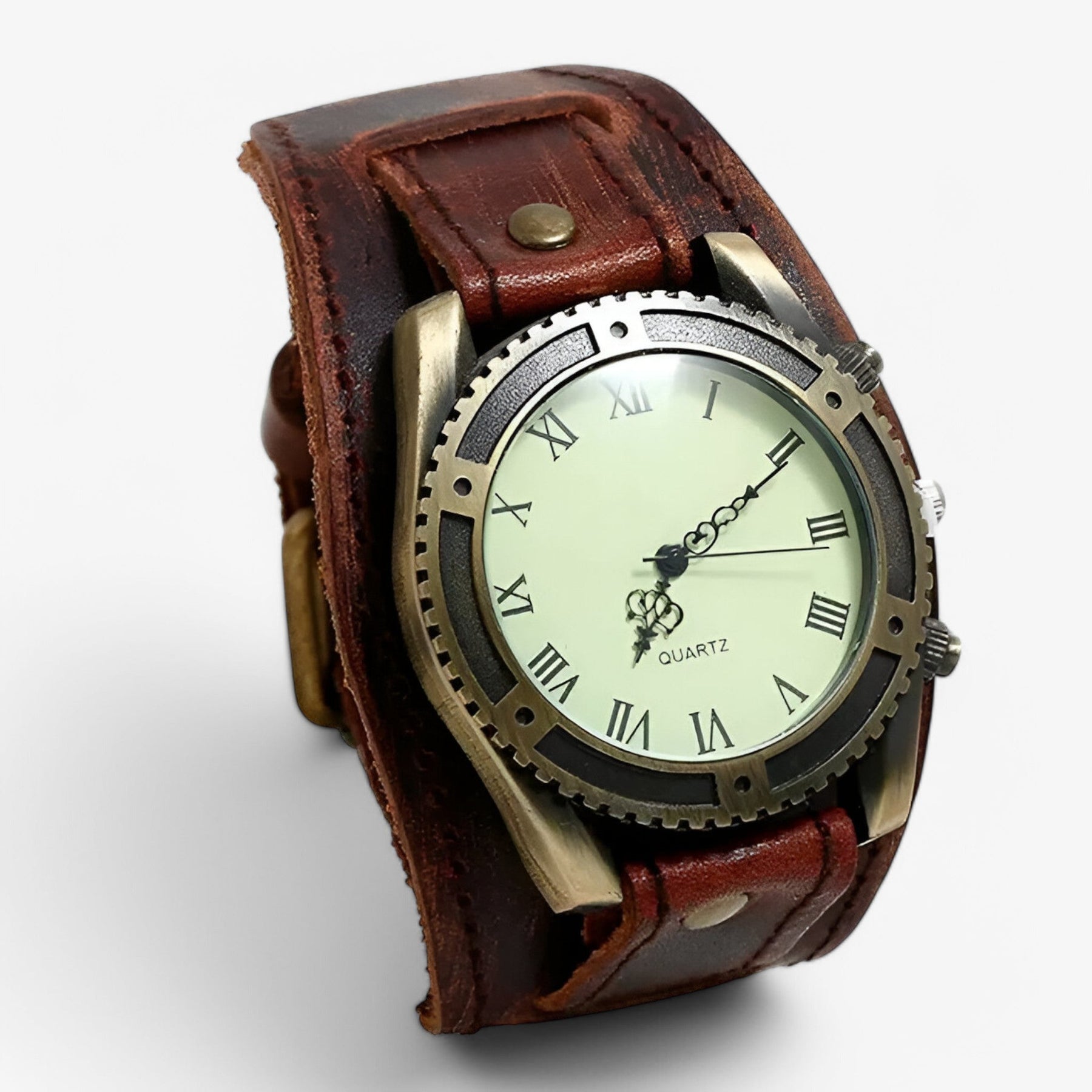 watches : Heren Horloge Zwart Vintage - Klassiek met Bruine Lederen Band & Romeinse Cijfers in retro-bruin van Pantino