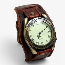 watches : Heren Horloge Zwart Vintage - Klassiek met Bruine Lederen Band & Romeinse Cijfers in retro-bruin van Pantino