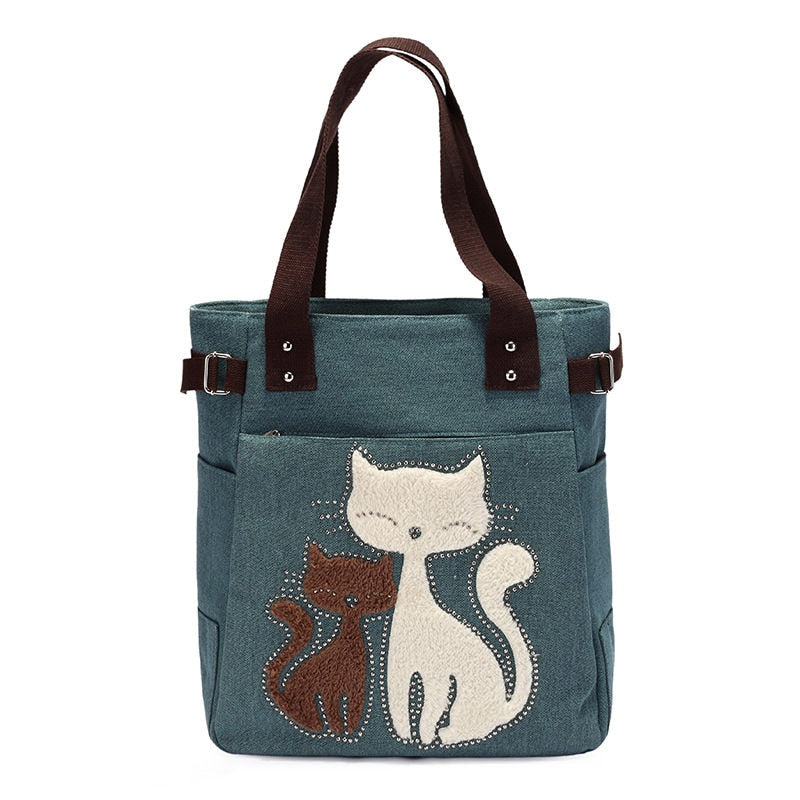 bags : Kat Geborduurde Canvas Tas - Paars in Groen van Pantino