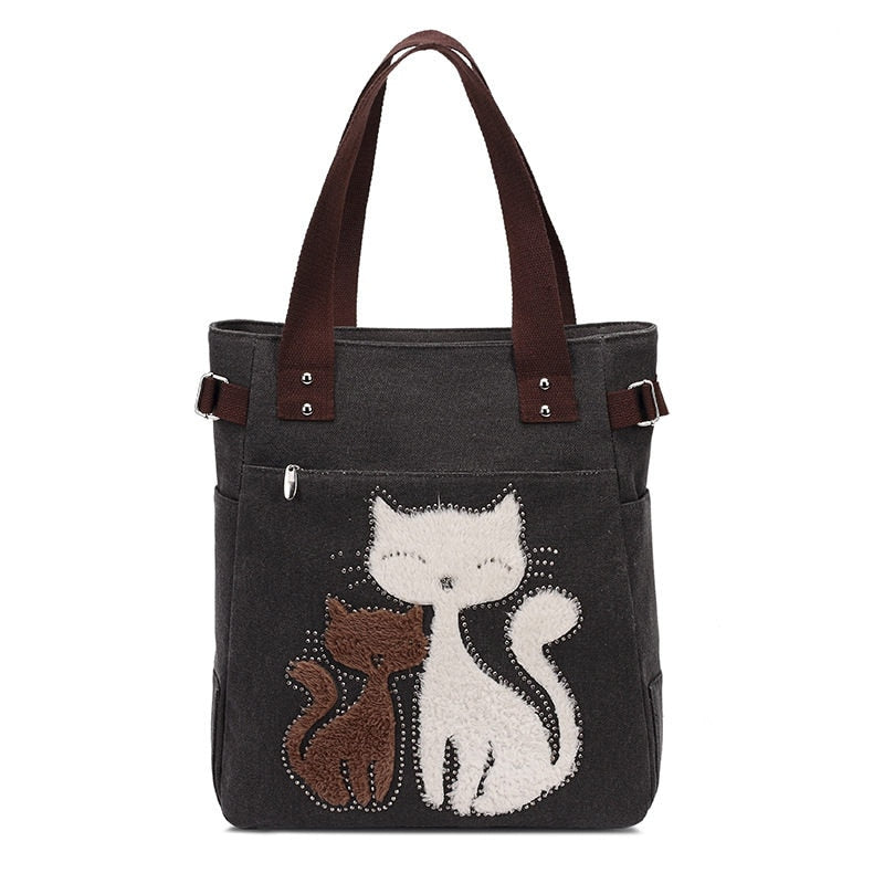 bags : Kat Geborduurde Canvas Tas - Paars in Zwart van Pantino