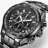 Luxe sporthorloge voor heren van zwart staal, elegant waterdicht chronograaf