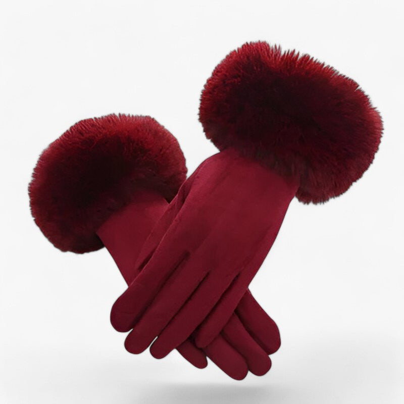 Gloves : Handschoenen Roze - Warme Suède Touchscreen met Imitatiebont in Bordeauxrood Eén maat van Pantino