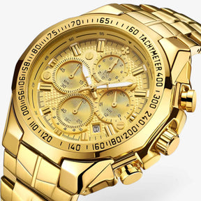Watches : Luxe sporthorloge voor heren van zwart staal, elegante waterdichte chronograaf in pieno goud van Pantino