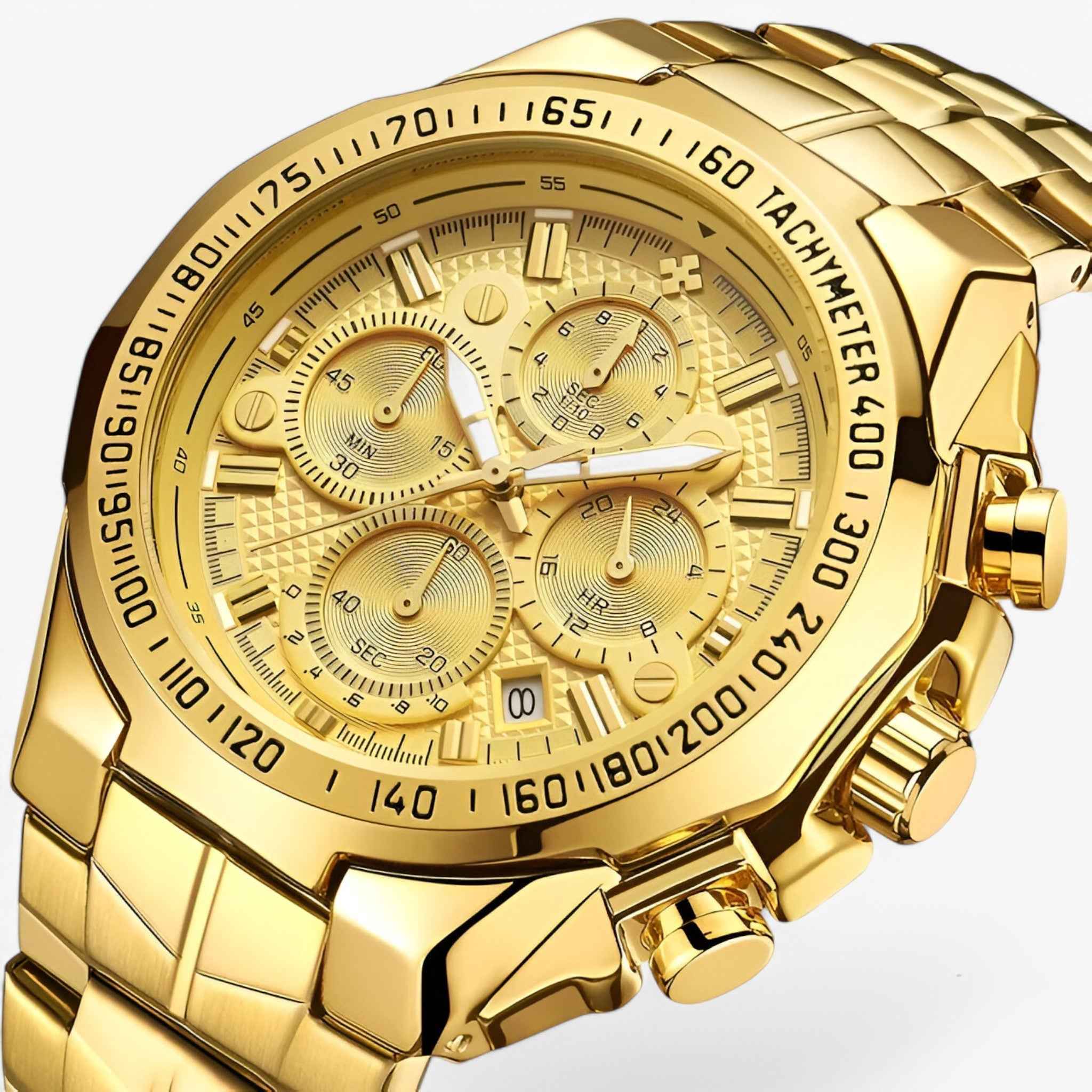 Luxe sporthorloge voor heren van zwart staal, elegant waterdicht chronograaf